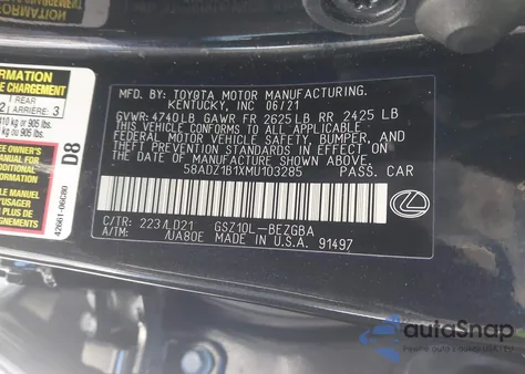 2021 Lexus Es 350 from USA, damaged, VIN 58ADZ1B1XMU103285